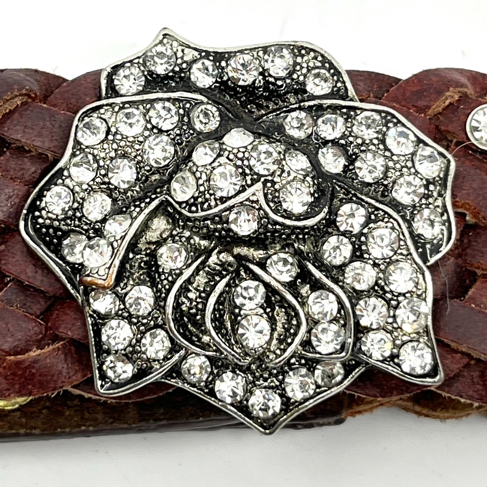 Vintage Y2K Brown Braided Leather Rhinestone Flower Cuff Bracelet Boho Retro