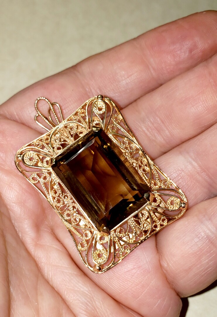 VINTAGE STUNNING RARE 14K ROSE GOLD SMOKY QUARTZ 16.8 GRAM PIN BROOCH PENDANT