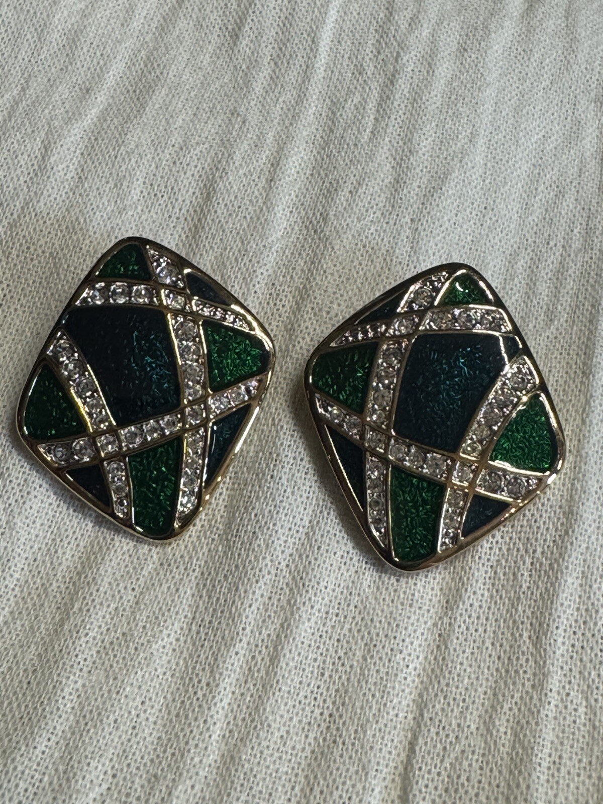 D.S. Coe Blue/Green Earrings With Clear Rhinestones CLIP ON