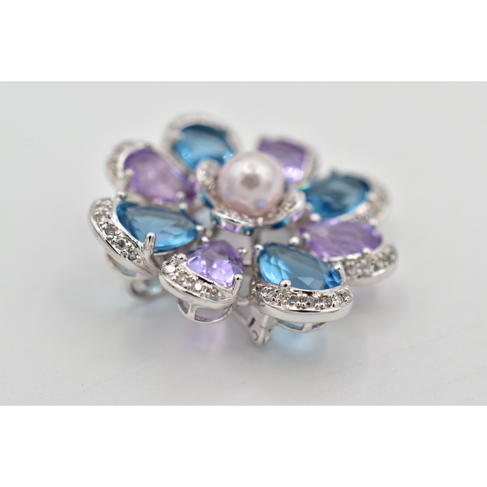 925 Sterling Silver Crystal Flower Pendant Pin Brooch Purple Blue Signed BinBI