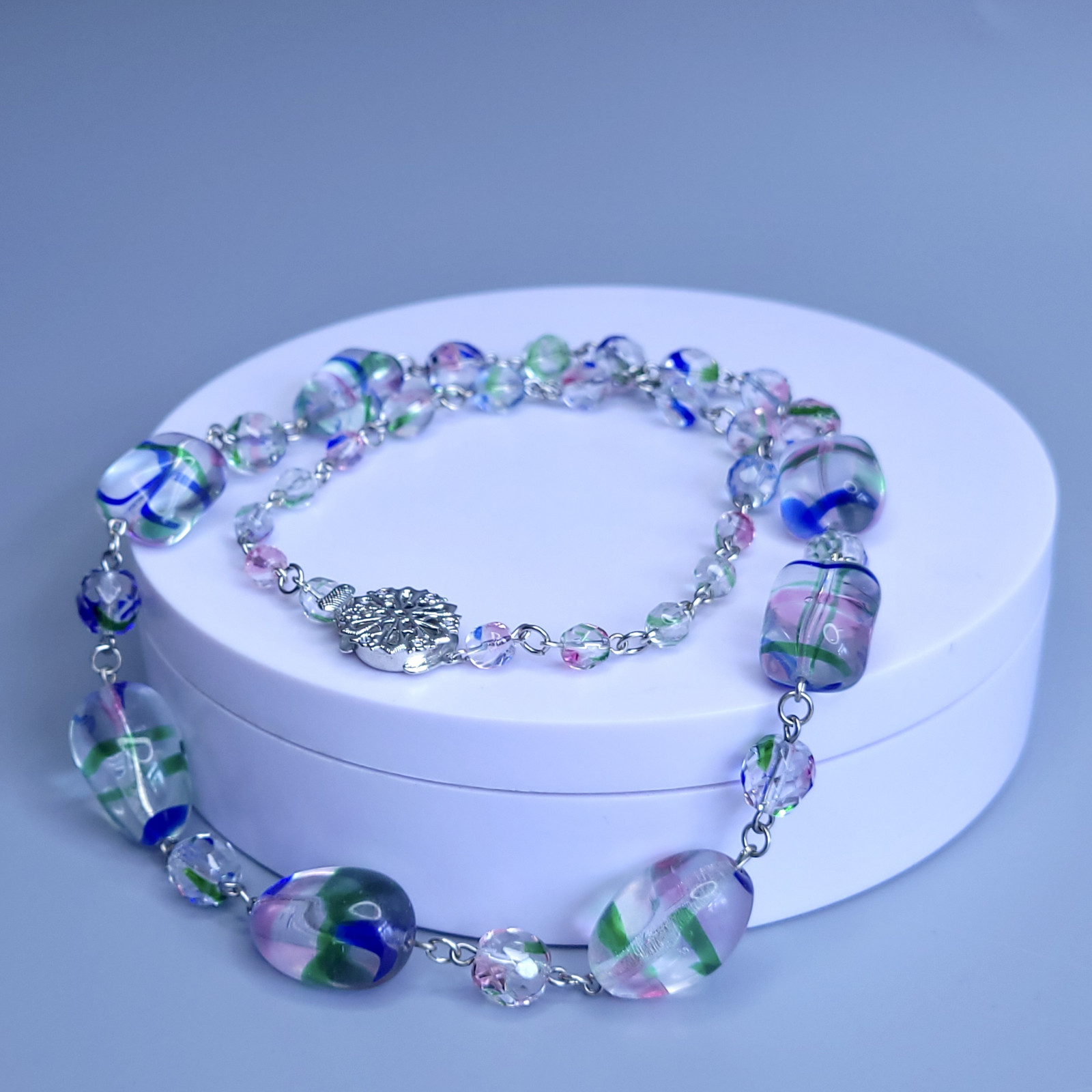 Iris Glass Necklace 24” Multicolor Czech Vintage Beads Women`s Jewelry
