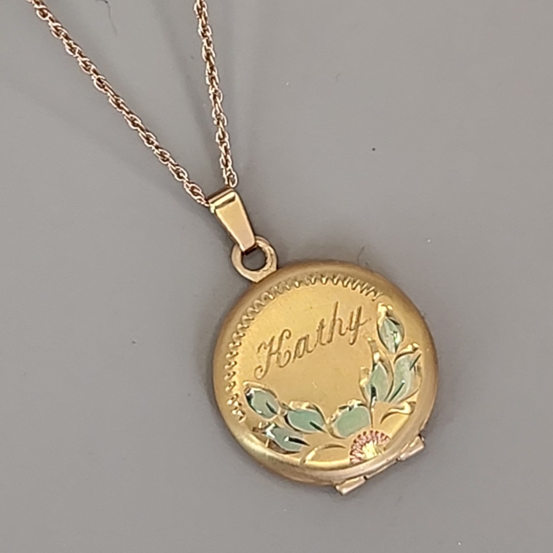 Vintage Locket Necklace Etched Kathy Gold Filled Enamel Accents 18″