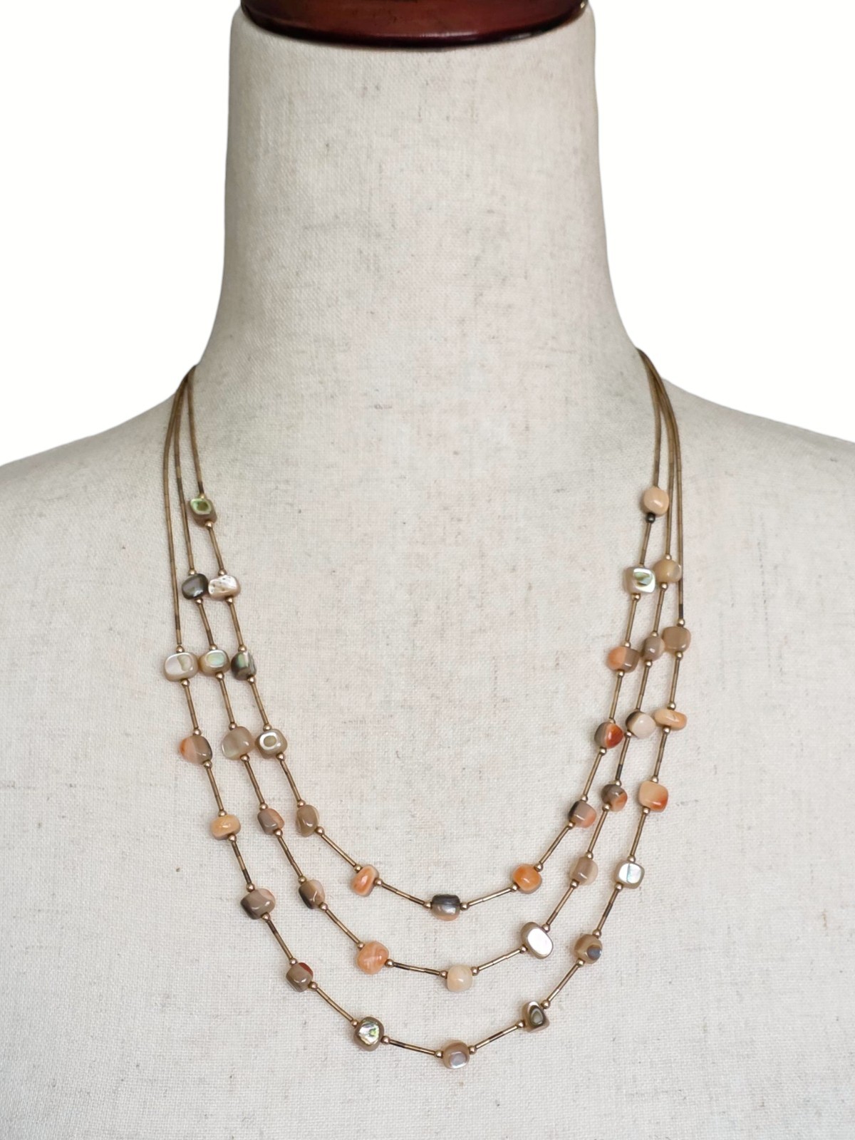 Vintage 3 Strand Liquid Gold Tone Necklace Abalone Mother of Pearl Agate Hook