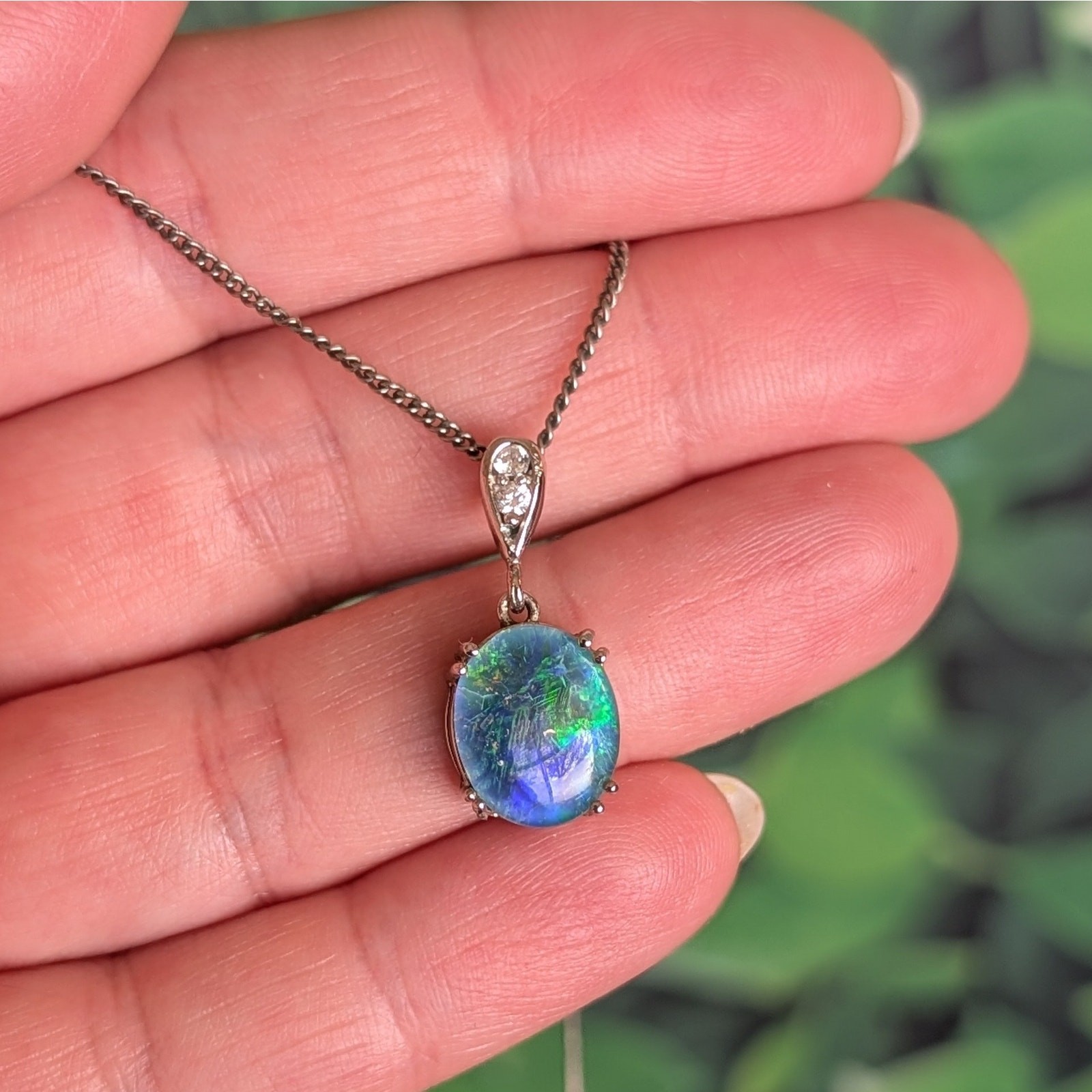 Vintage Blue Opal Sterling Pendant on Chain Oval Faux Diamond Accent Dainty 925