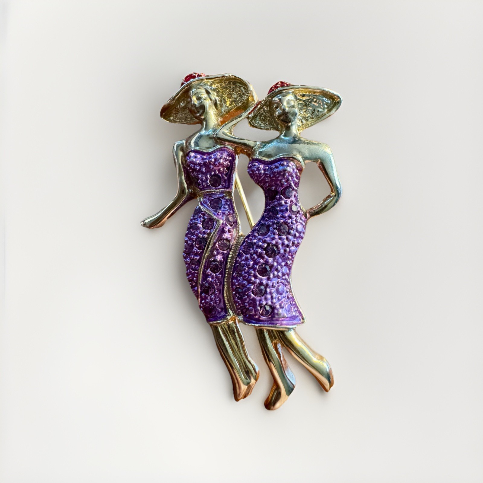 Vintage Gold Tone with Rhinestones Red Hat Ladies in Purple Pin, Unbranded