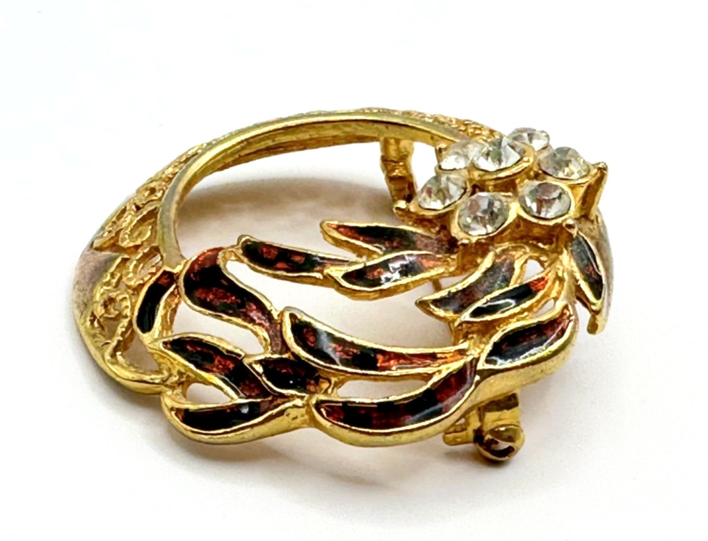 Gold Tone Rhinestones Flower & Multicolor Enamel Brooch Vintage