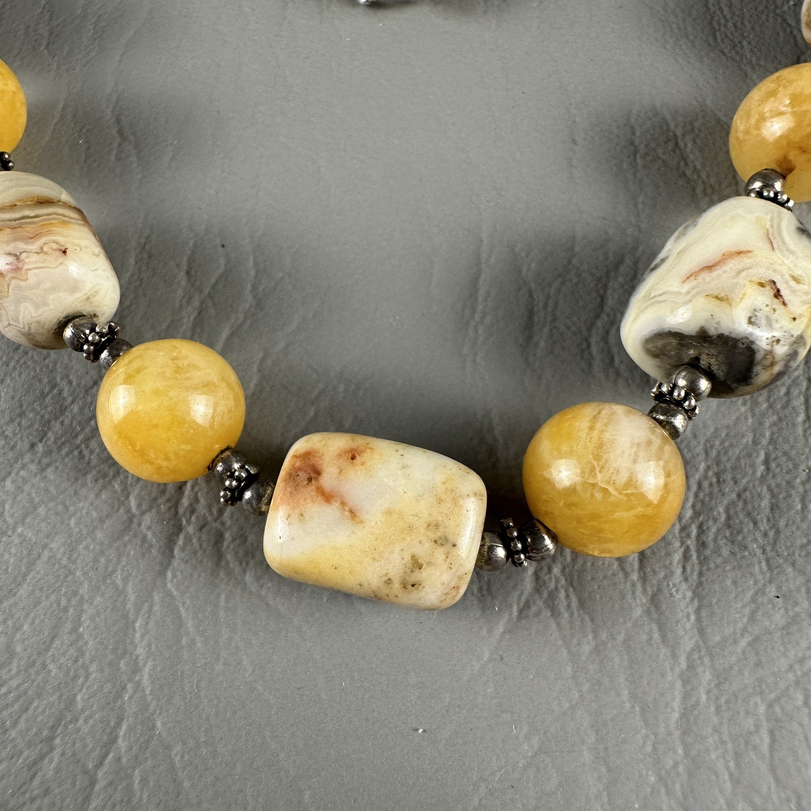 Vintage CW Sterling Silver Stone Bead Necklace Yellow Gray 16″