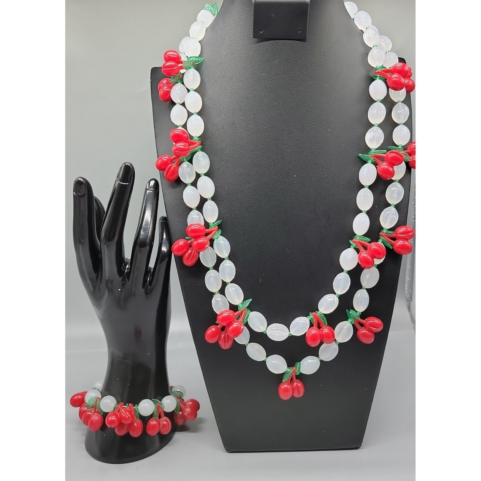 Lucite Cherry 34″ Necklace & 7″ Stretch Bracelet Red Cherries Translucent Beads