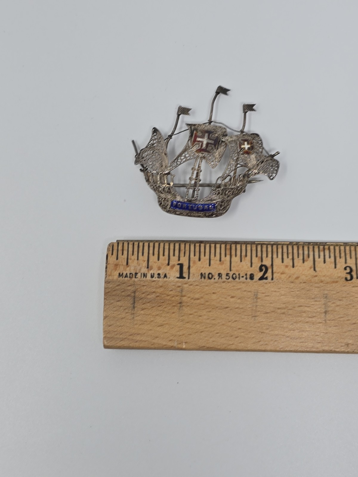 Old Portugal Silver Tone Sail Ship W/ Filigree Brooch Pin