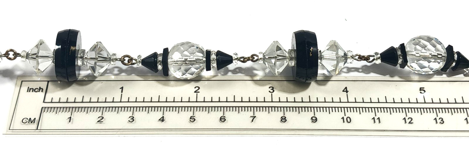 Art Deco Black & Clear Crystal Glass Beaded Necklace ~ 40 Inches