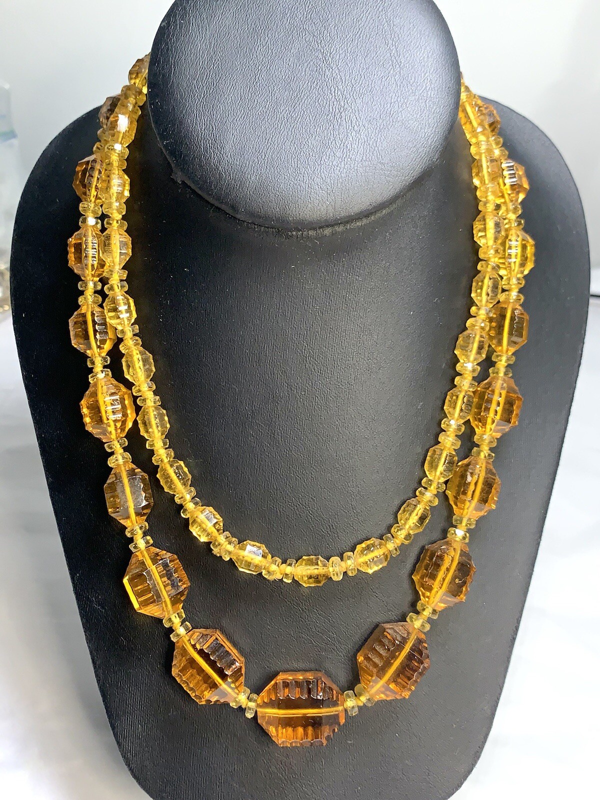 Vintage STUNNING Amber Czech Glass Lozenge Hand Knotted Beaded Necklace 36″ !