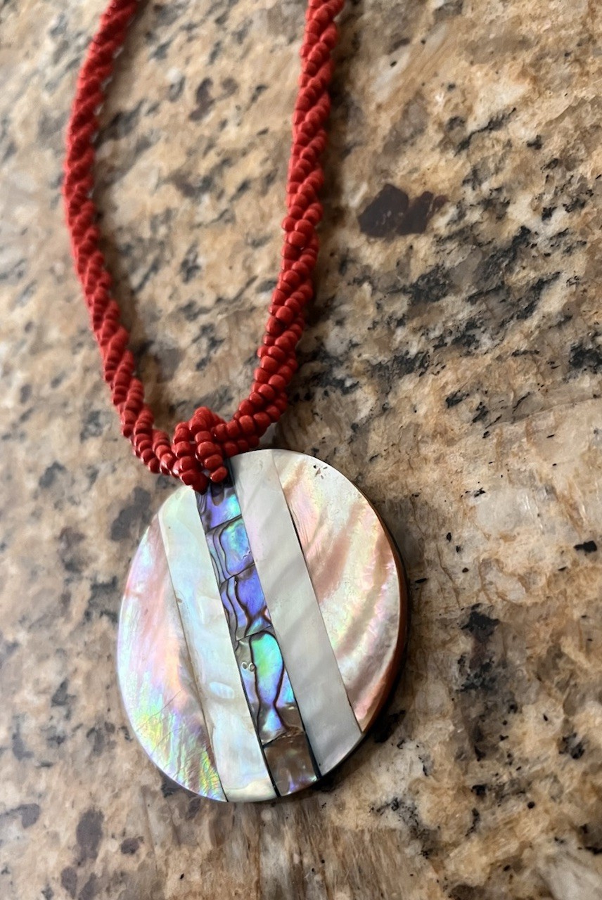Vintage Abalone Shell Coral Seed Beaded Twist Pendant Disc Statement Necklace