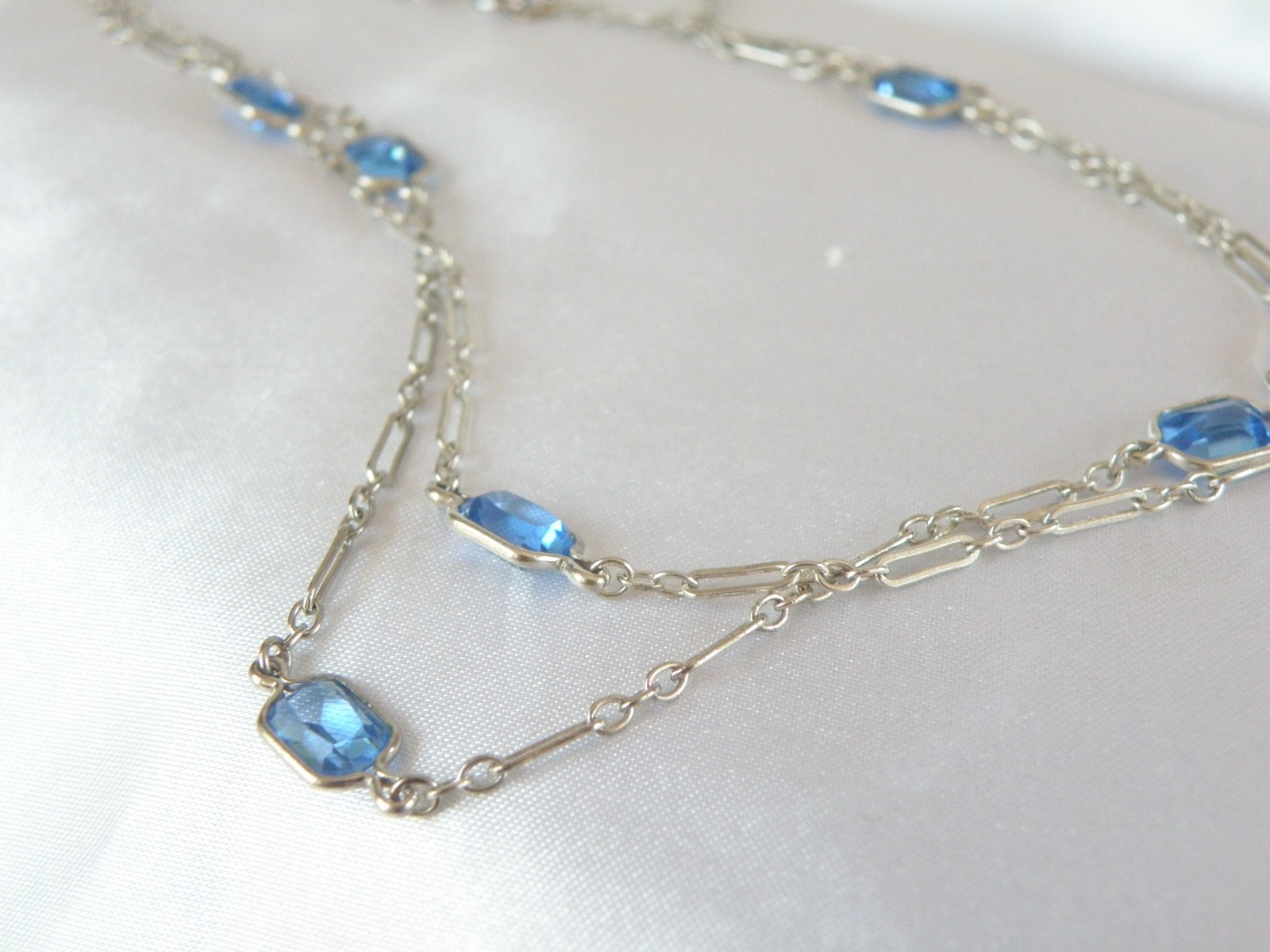 Antique Sterling Silver 925 Blue Gemstone Station Vintage Paperclip Necklace 25″