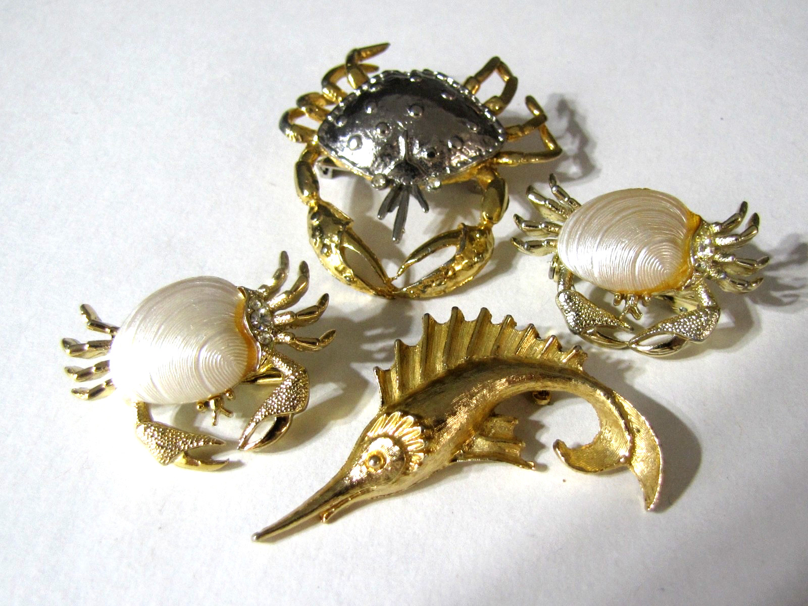 Vintage Crab Swordfish Pin Lot 4 Sea Life Mamselle Rhinestone Gold Silver Tone