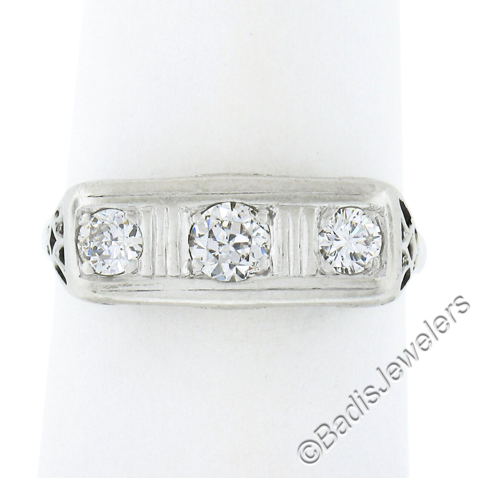Antique Edwardian Platinum & 14K Gold 0.35ctw Diamond Filigree 3 Stone Band Ring
