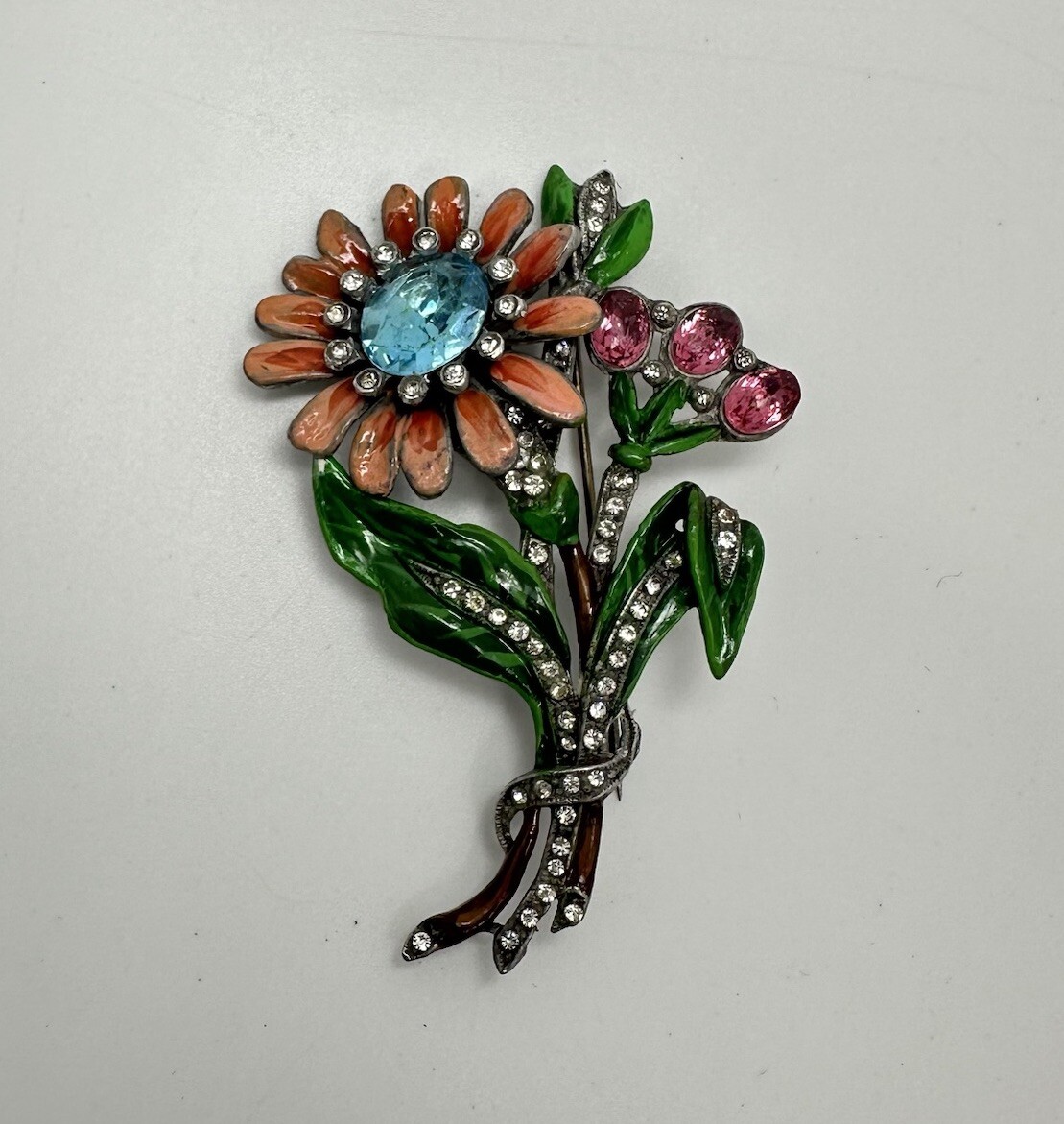 Vintage Art Deco Enamel Flower Brooch Trifari / Coro Style Pot Metal Spray Pin