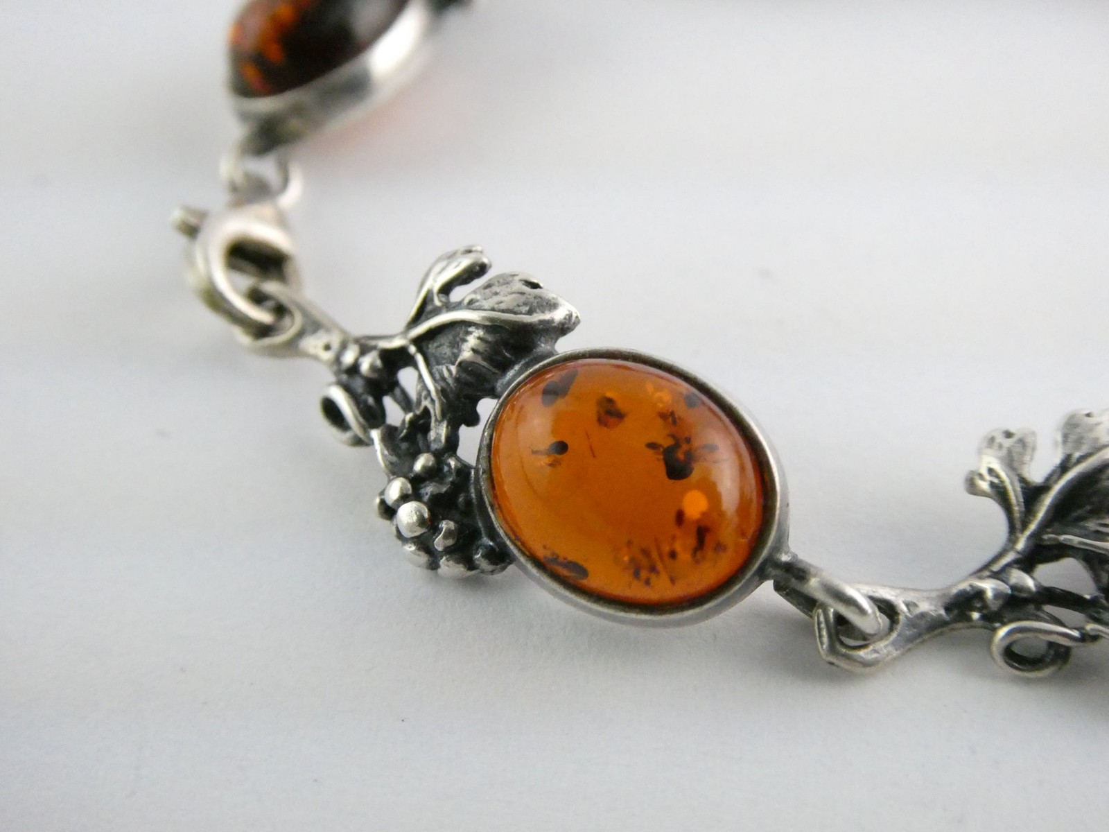 Vintage Sterling Silver Amber Cabochon Grape Vine Link Bracelet 925 7.25In 10.6g