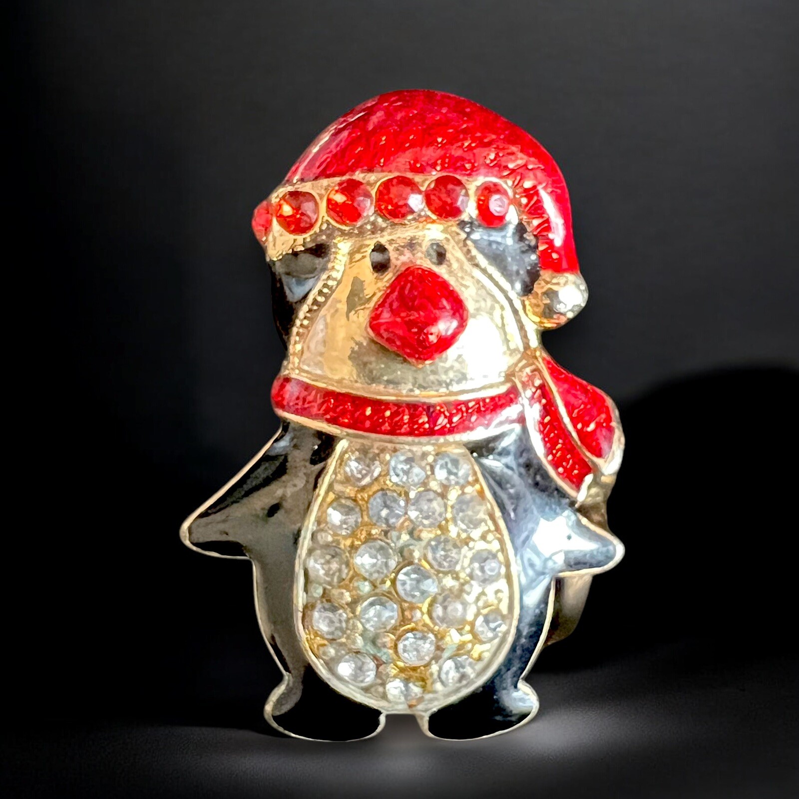 Penguin Christmas Brooch Red Enamel Hat Rhinestones Gold Tone Vintage Holiday