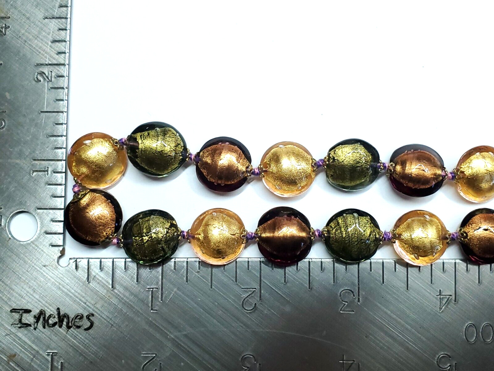 Vintage Signed Elma Venezia Italy Art Foil Glass Green Brown Gold Long Necklace