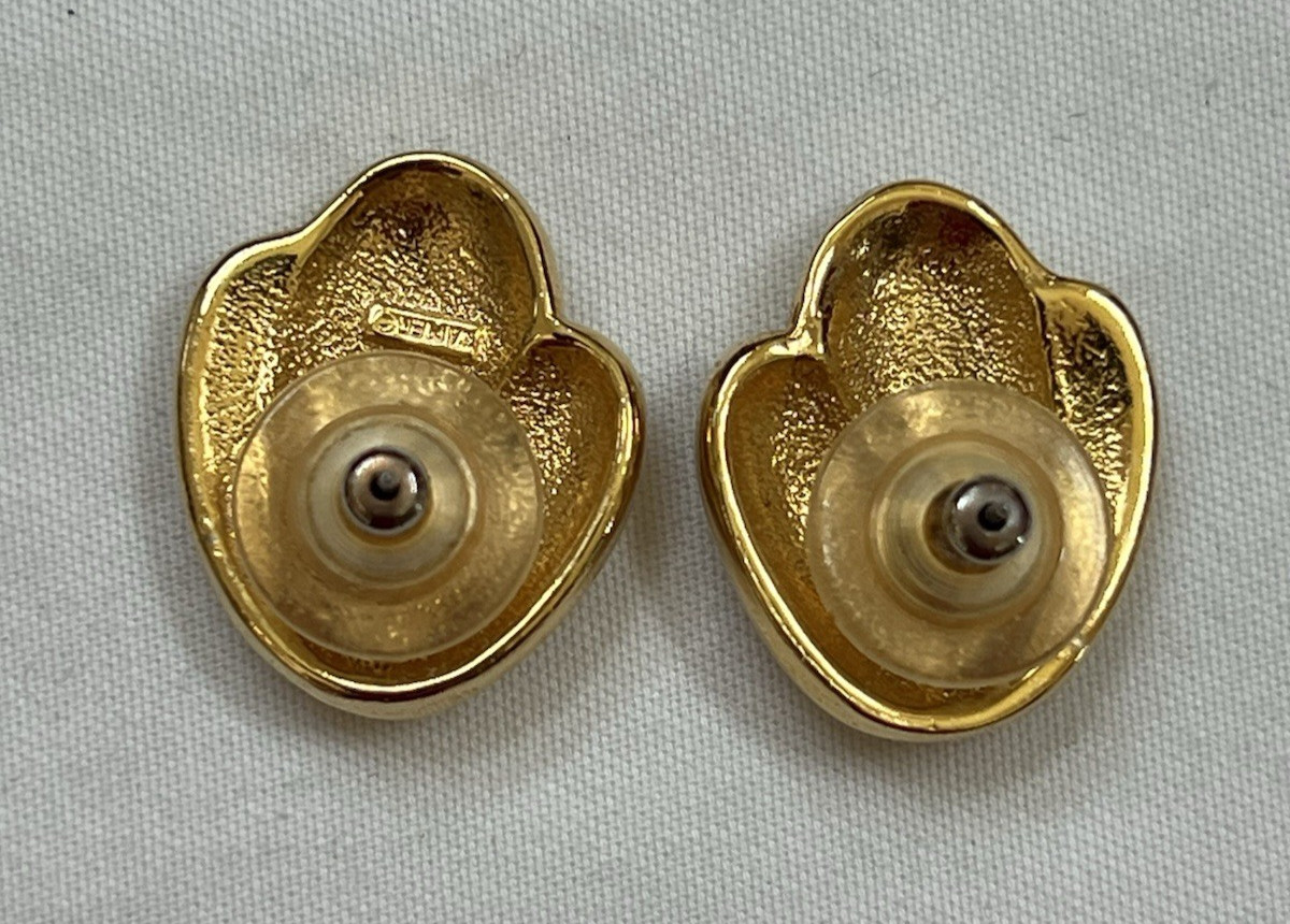 Vintage Napier Earrings Pierced Enameled Cream With Gold Leaf Petals About 1″