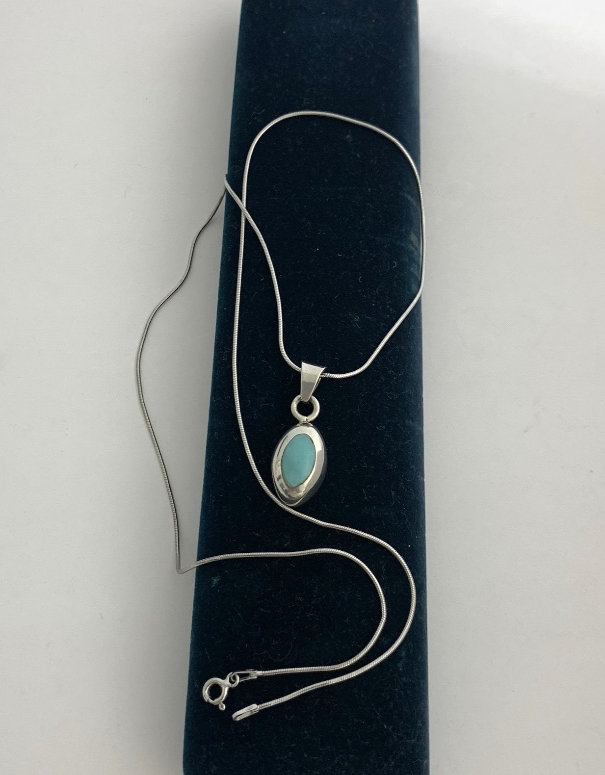 Vintage Mexico 925 Sterling Silver Necklace Blue Turquoise Inlay Pendant