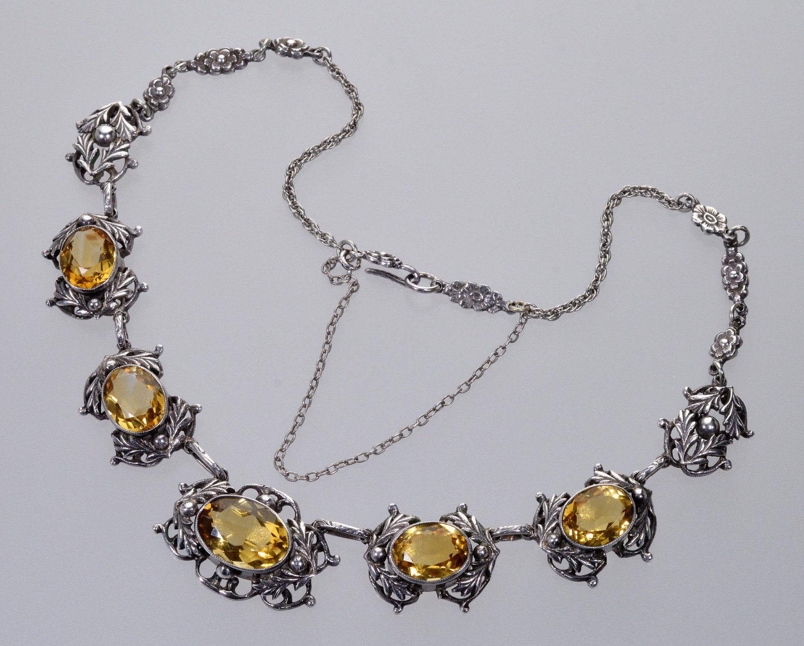ANTIQUE ART NOUVEAU STERLING CITRINE LINK NECKLACE C.1900