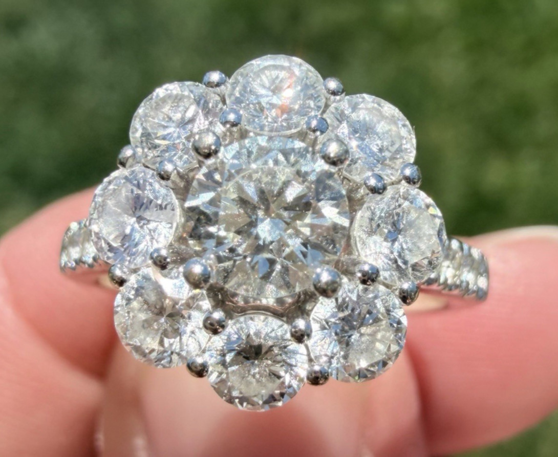 GORGEOUS 18K WHITE GOLD & NATURAL DIAMOND CLUSTER RING 2.29 CTW “JGJ” 6 3/4