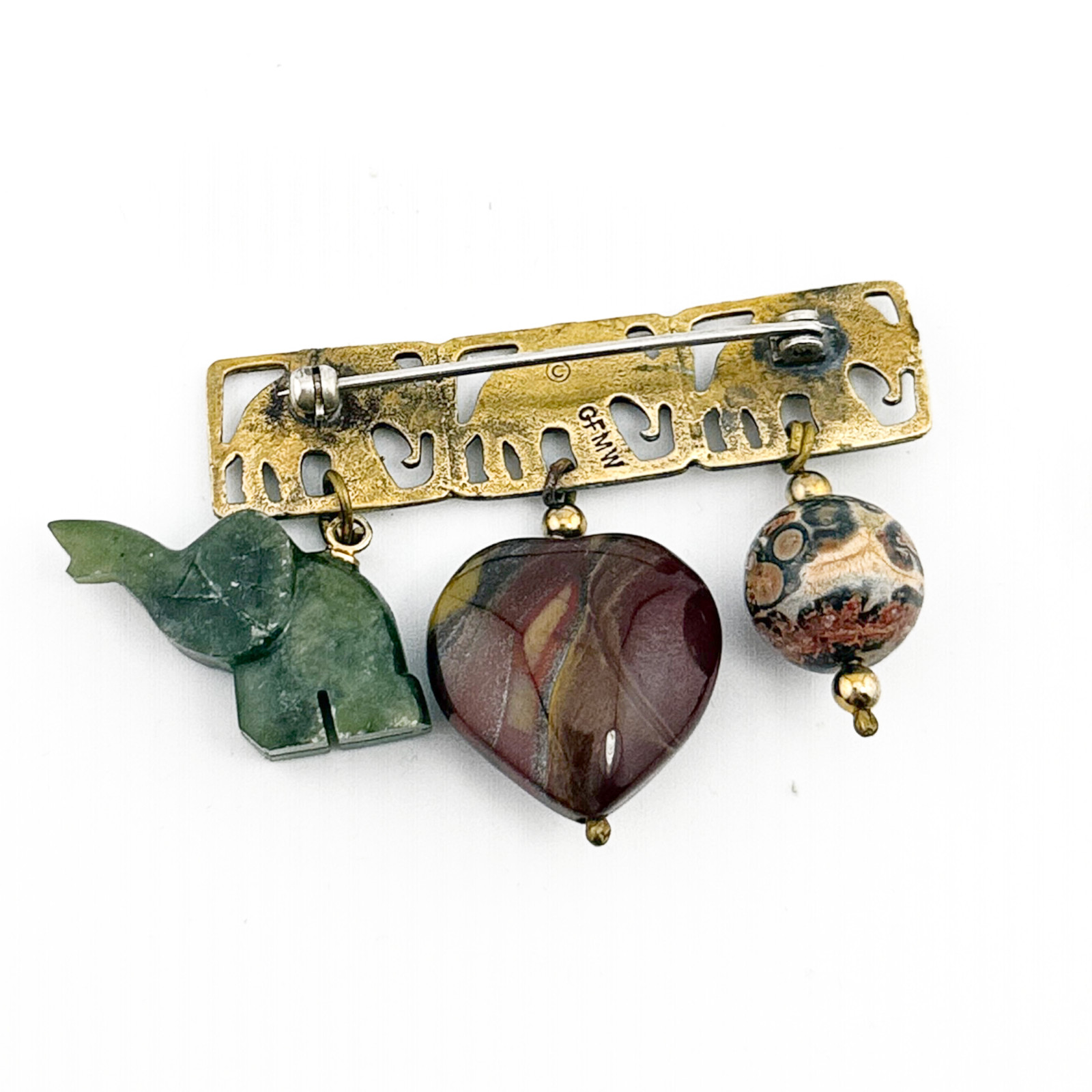 Brass Elephant Brooch Jadeite Jasper Agate Charms Great Falls Metal Works GFMW