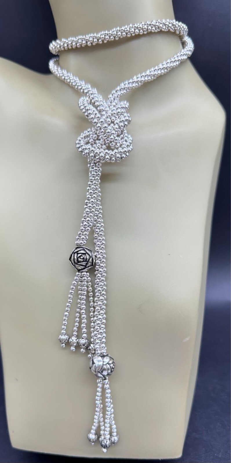 ESTATE SILVER TONE POPCORN CHAIN CAMELLIA FLOWER BEAD TASSEL OPEN NECKLACE 50″