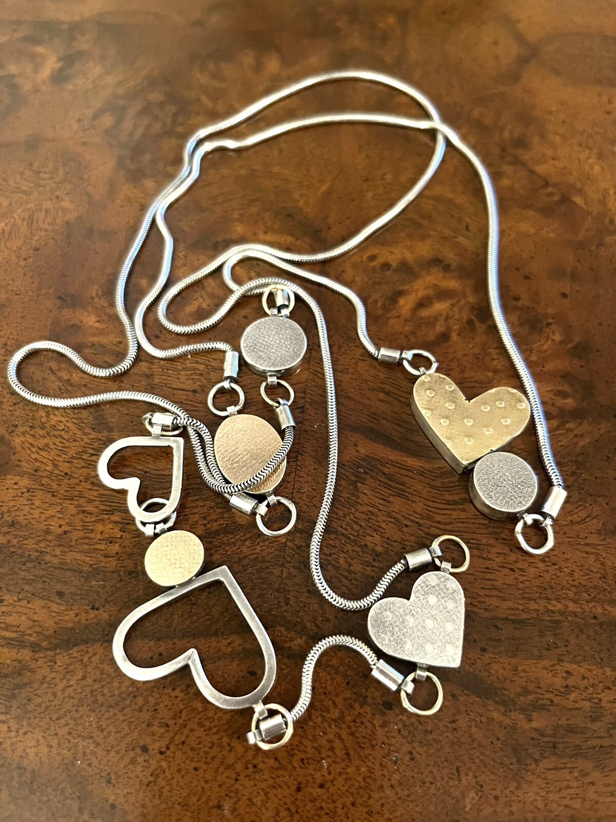 Vtg Estate Mid Century Modernist Textured Sterling Gold Hearts Station Necklace