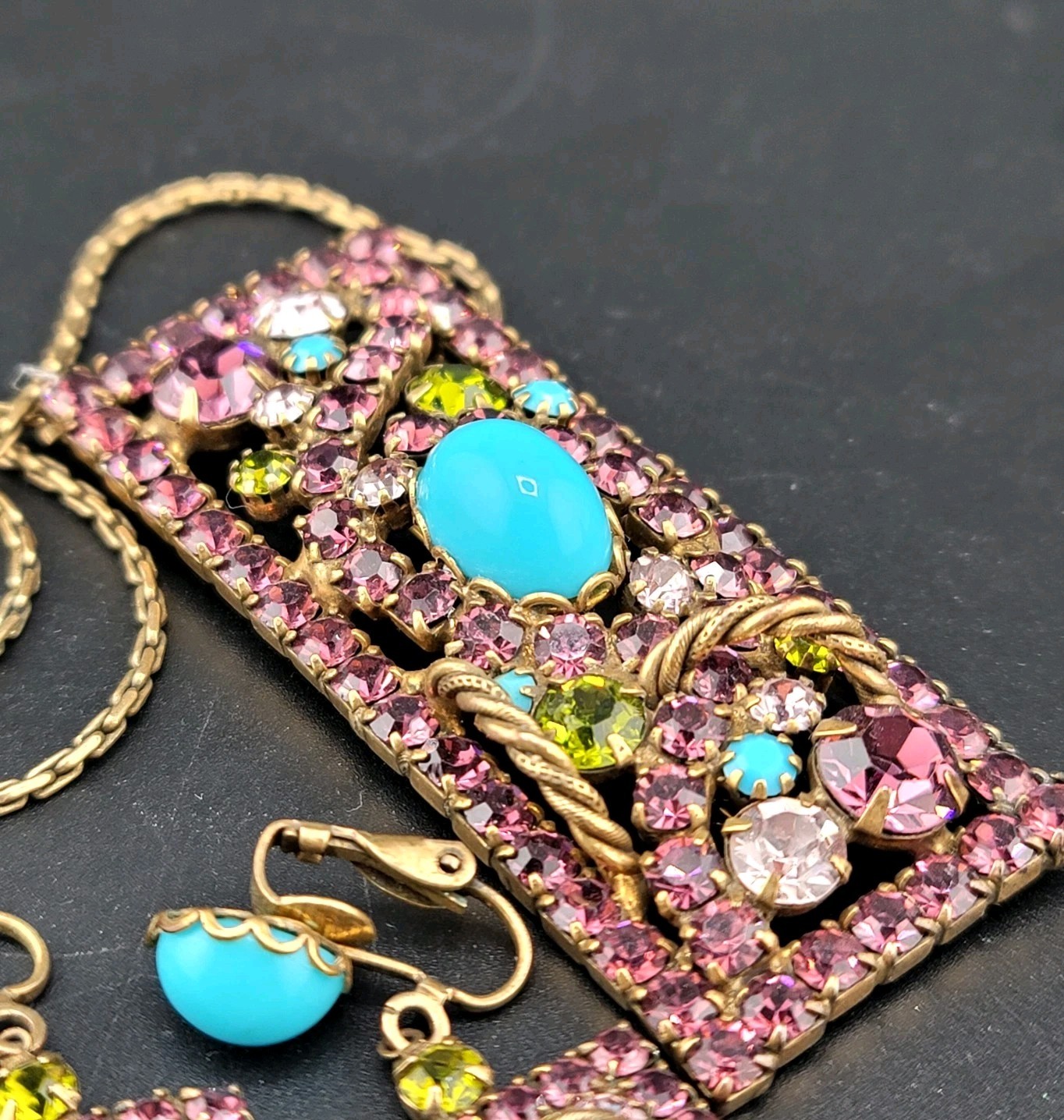 Vtg 3 pc Set Brooch Pendant Earrings Purple Rhinestones Blue Cabochons Jewelry