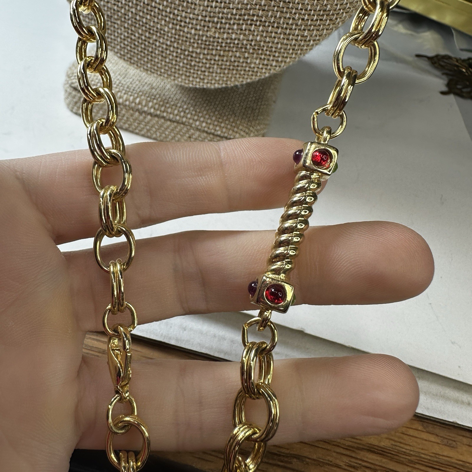 Vintage Necklace Station Bar Goldtone Chain Cabochon Colorful Royal Style 34 in