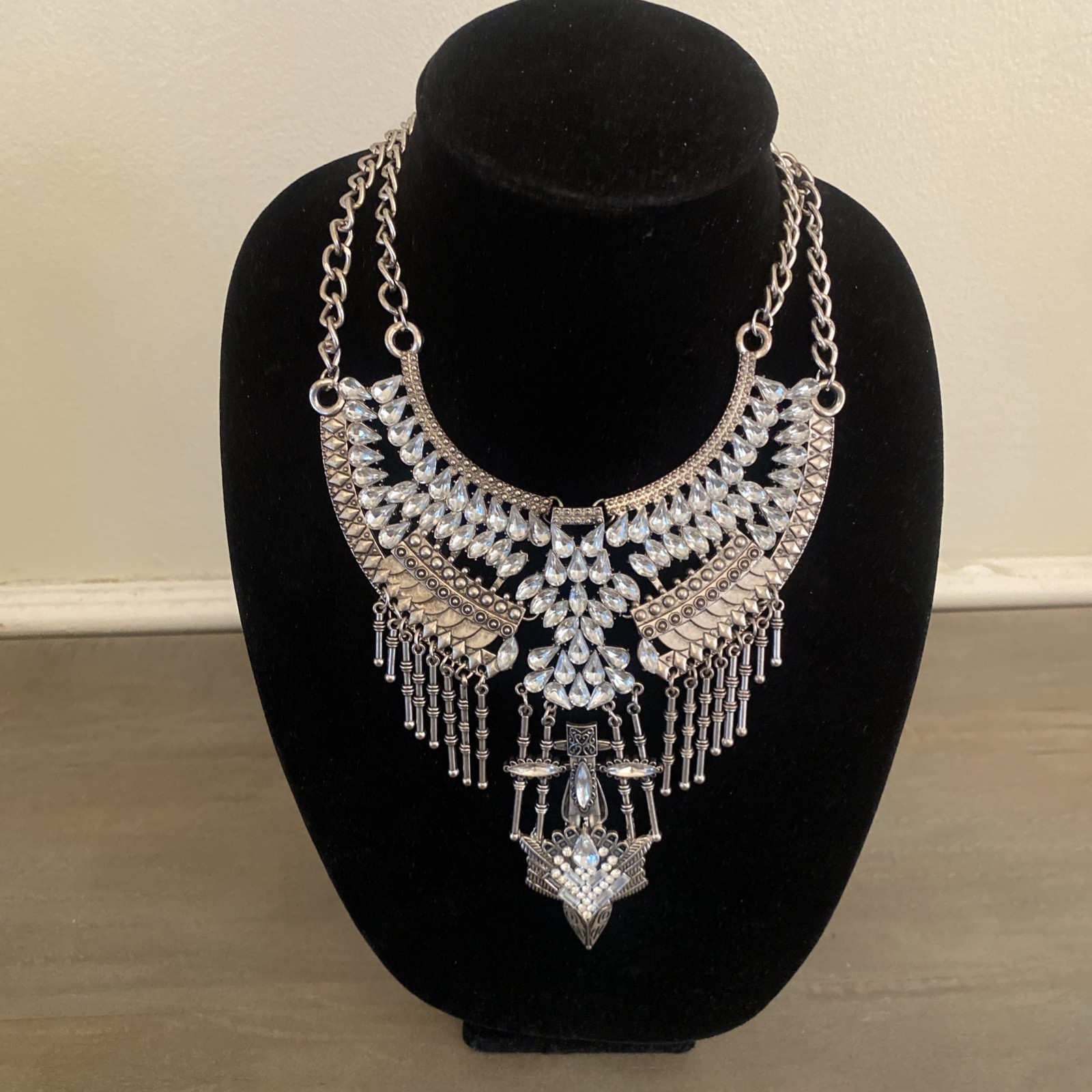 Necklace Silver Tone Statement Fringe Chunky Layered Boho Chic Festival Y2K Glam