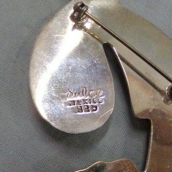 Sterling Silver Signed Dulce Mexico 925 Art Deco Lg Brooch or Necklace Pendant