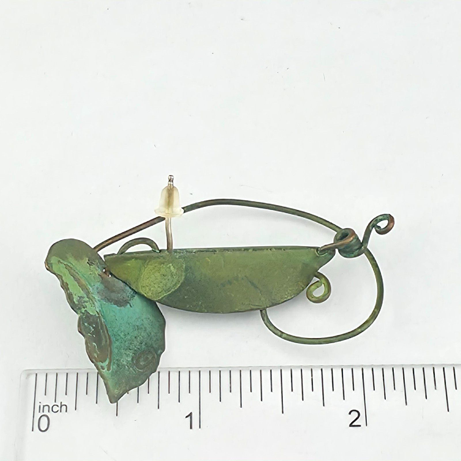Vintage Hand Made Verdegris Green Pea Pod Drop Earrings 2″ Pierced