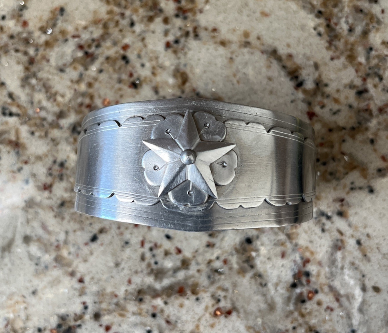 Vintage WWII Era Trench Cuff Bracelet Layered Aluminum Star Floral