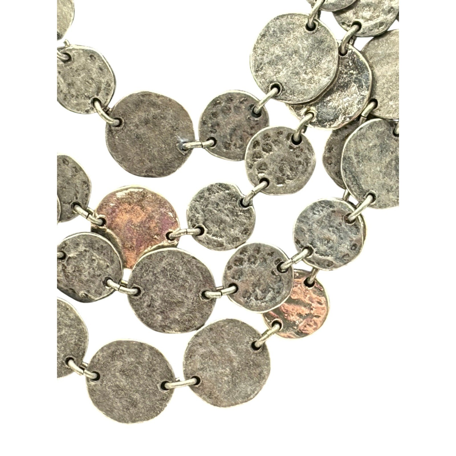 Vintage Metal Coin Disc Bib Necklace Silver Tone Multi Strand Choker 15 Inch