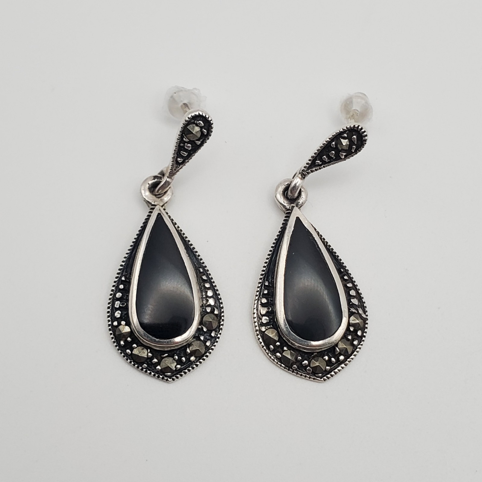 Vintage Dee Berkley Jewelry DBJ Black Onyx Sterling Marcasite Drop Earrings
