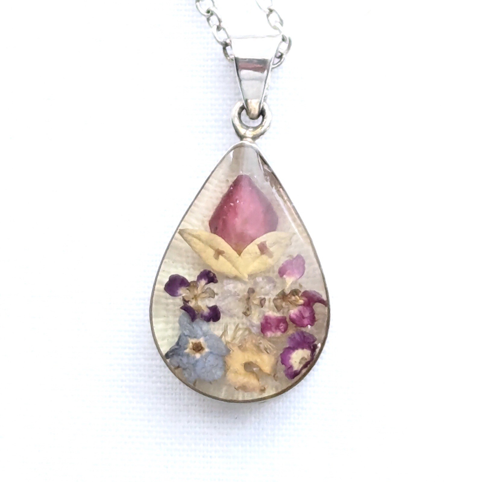 Dried Flower Teardrop Pendant Necklace ATI Mexico Floral Dainty Jewelry Gift