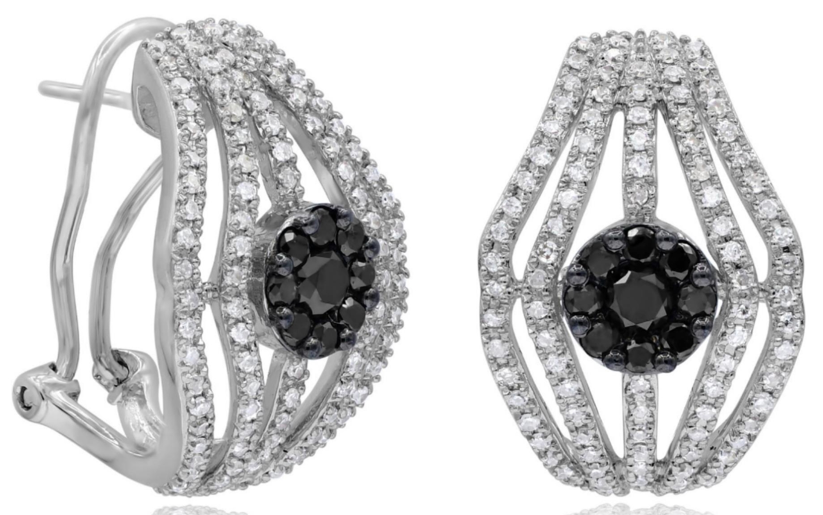 WIDE 1.52CT WHITE & BLACK DIAMOND 14K WHITE GOLD FLOWER CLIP ON HANGING EARRINGS