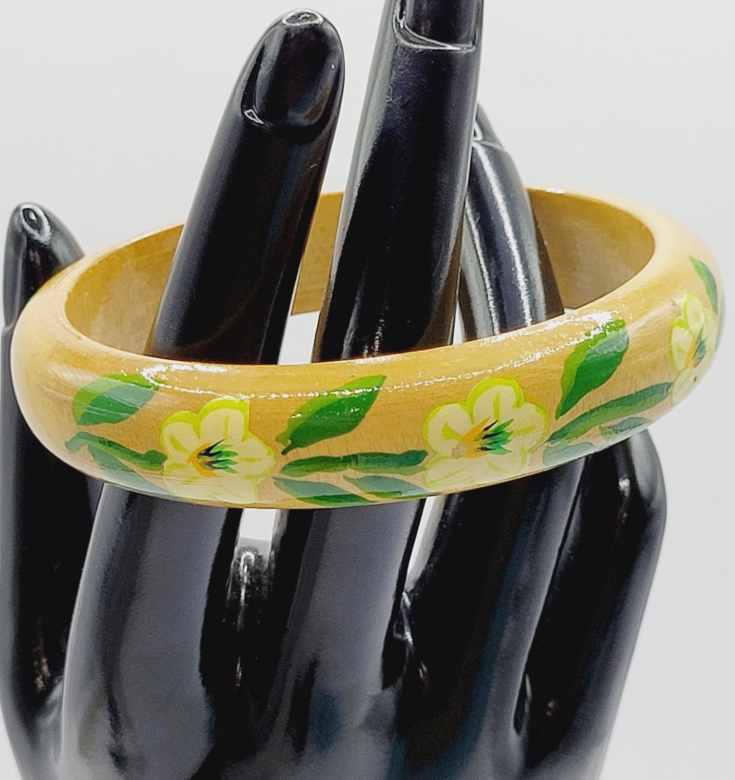 Wood Bangle Hand Painted Cream Flowers Green Leaves Lacquered Bangle Bracelet