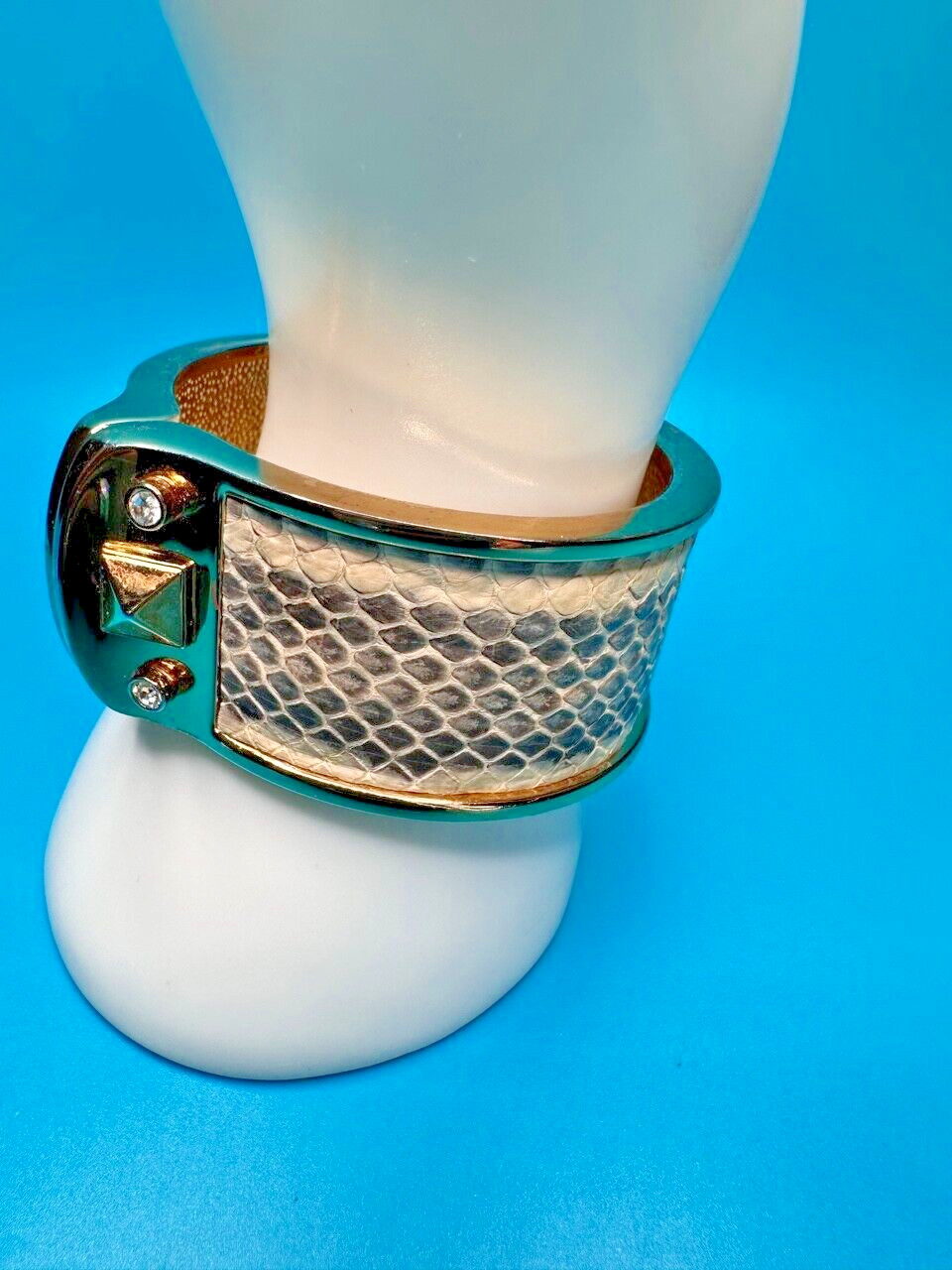 Vintage Stella & Dot Bracelet Clamper Gold Tone Faux Snakeskin Crystal Accents