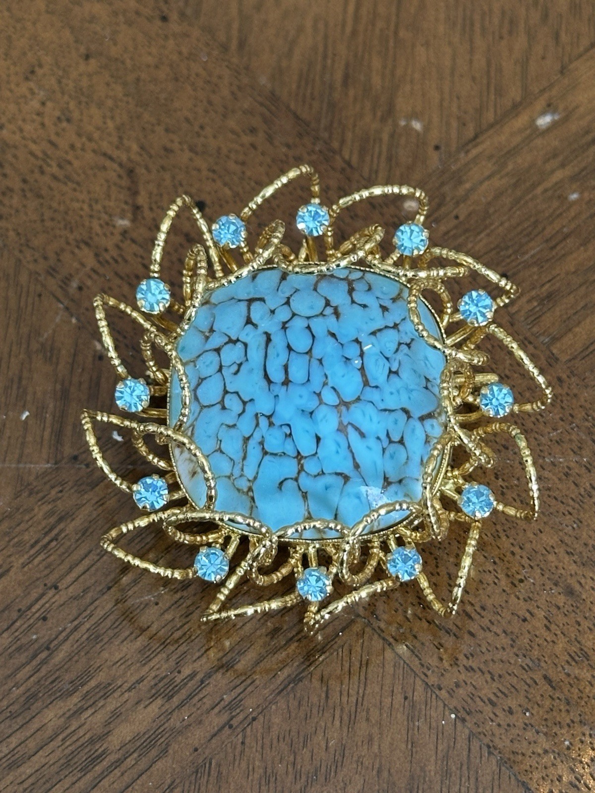 Vintage Faux Turquoise Cabochon Rhinestone Brooch/Pendant Gold Tone Nice!
