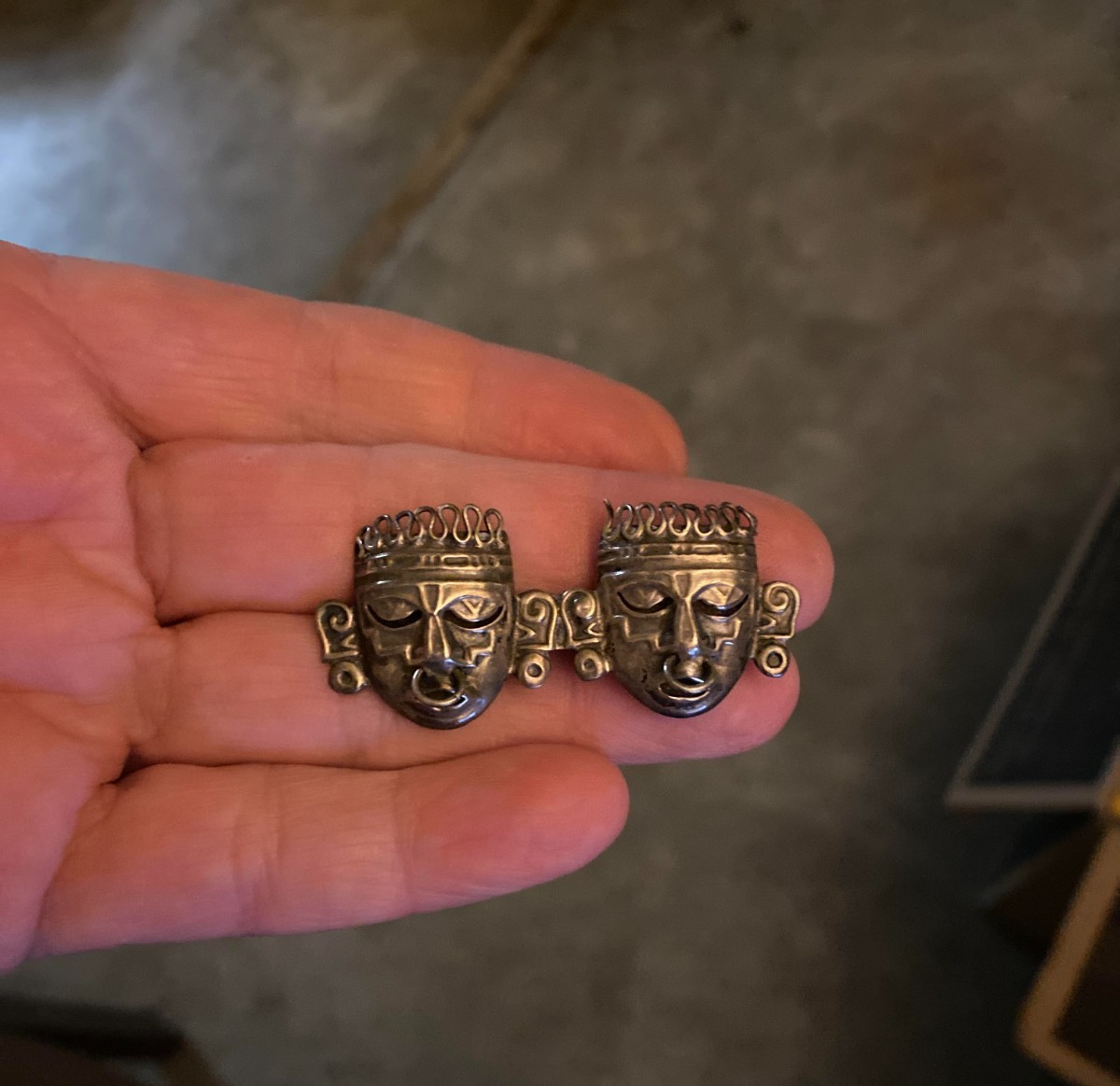 Aztec Face Tribal Mask Brooch Pin, Mexico Warrior Brooch, Vintage 1940s Mexican