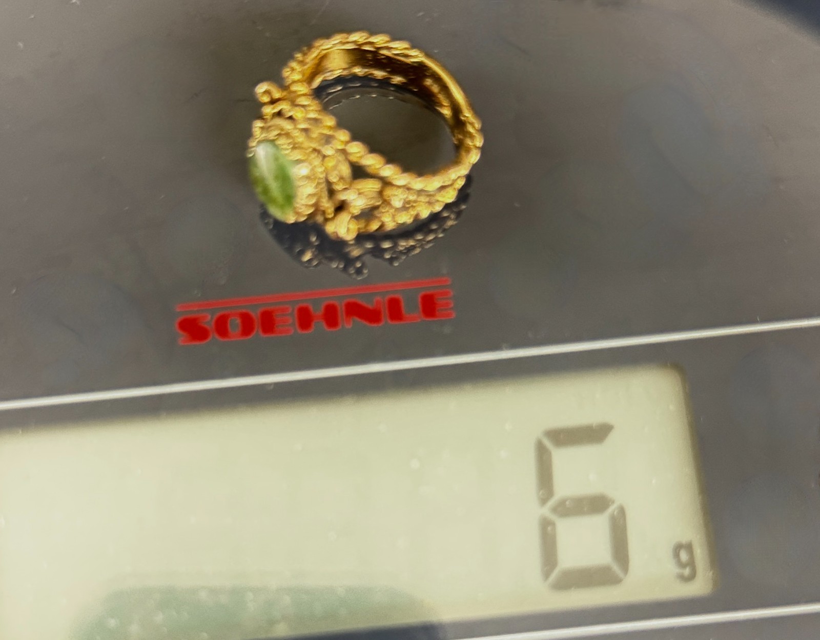 Vintage 1970s Brutalist Etruscan 14K Gold Oval Jade Ring 5-6 Twisted Rope Border