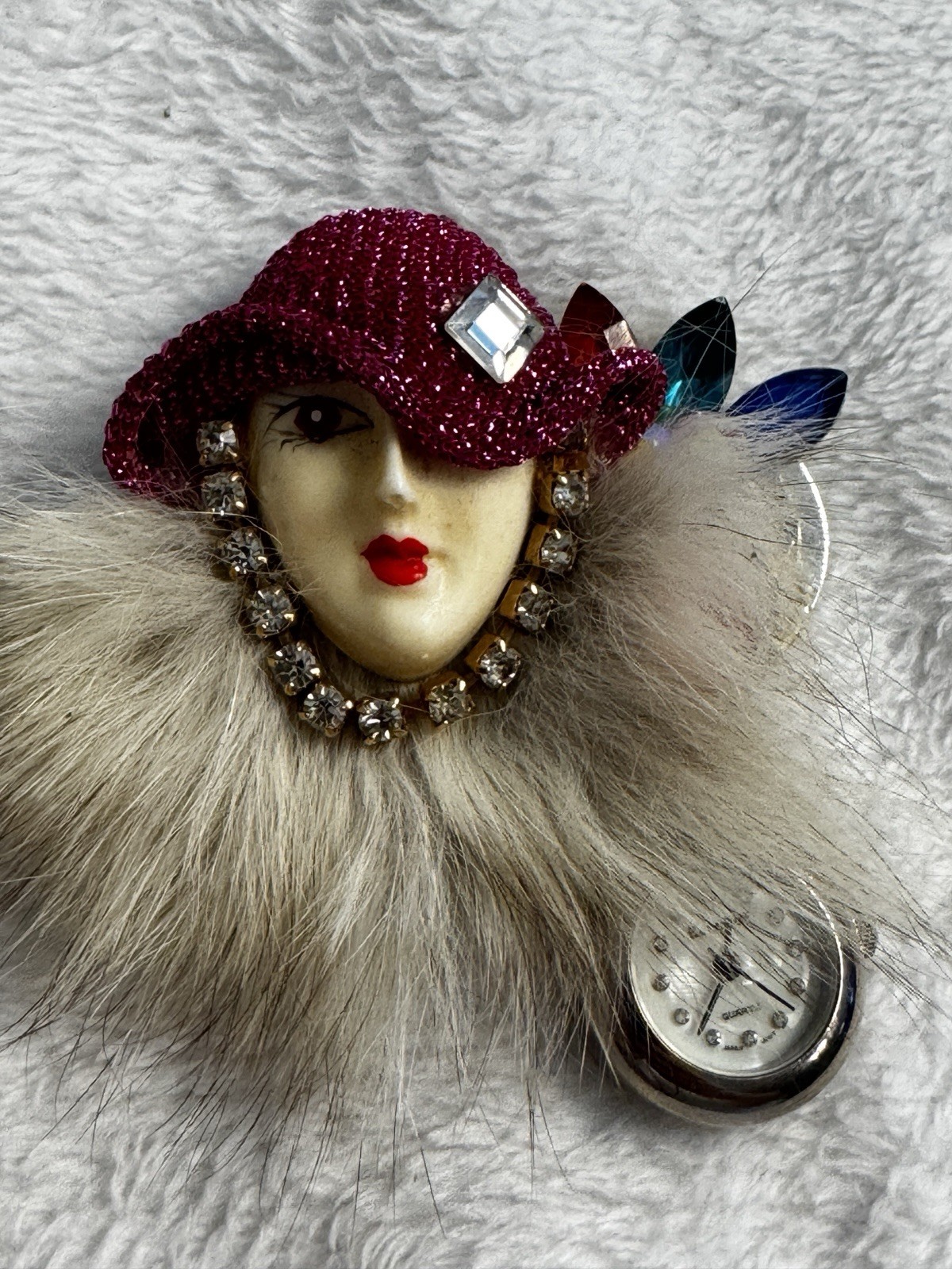 Vintage Bonetto Lady Face Watch Brooch Pin Faux Fur Rhinestone Dangle Watch