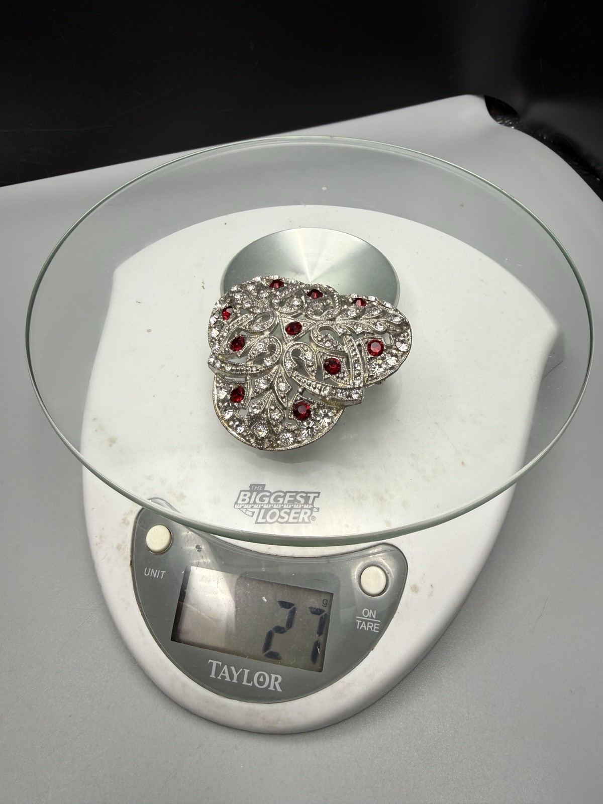 Brooch 1930s Pot Metal New England Glassworks Red & Clear Rhinestone VTG 5.1cm