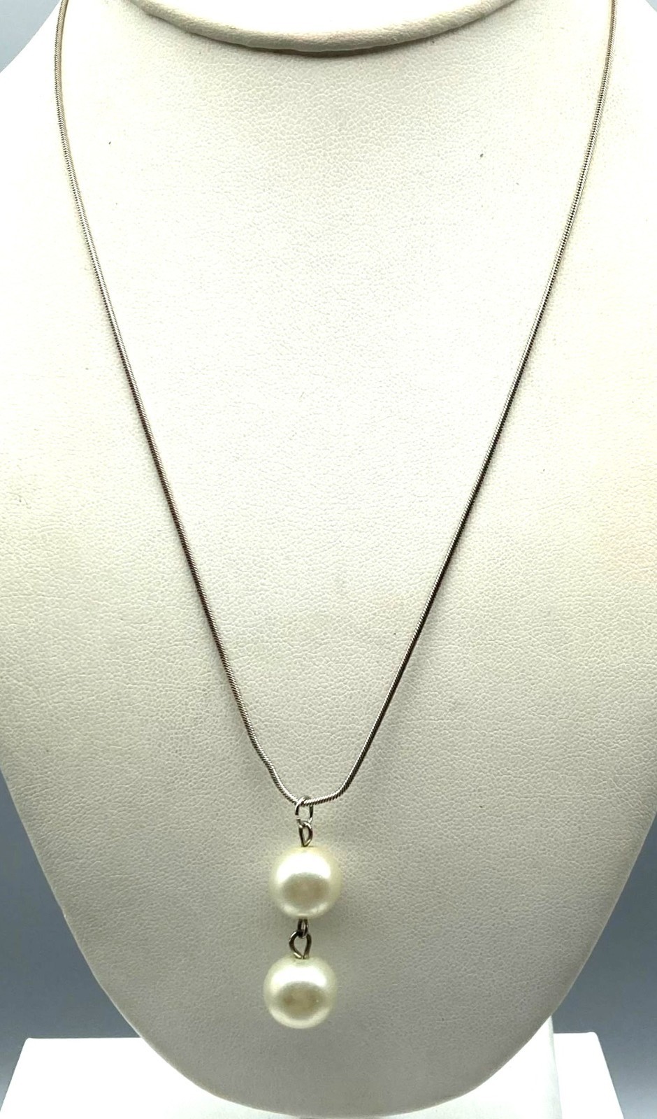 Vintage Double Pearl Drop Pendant on Gwen Stefani Sterling Silver Chain Necklace