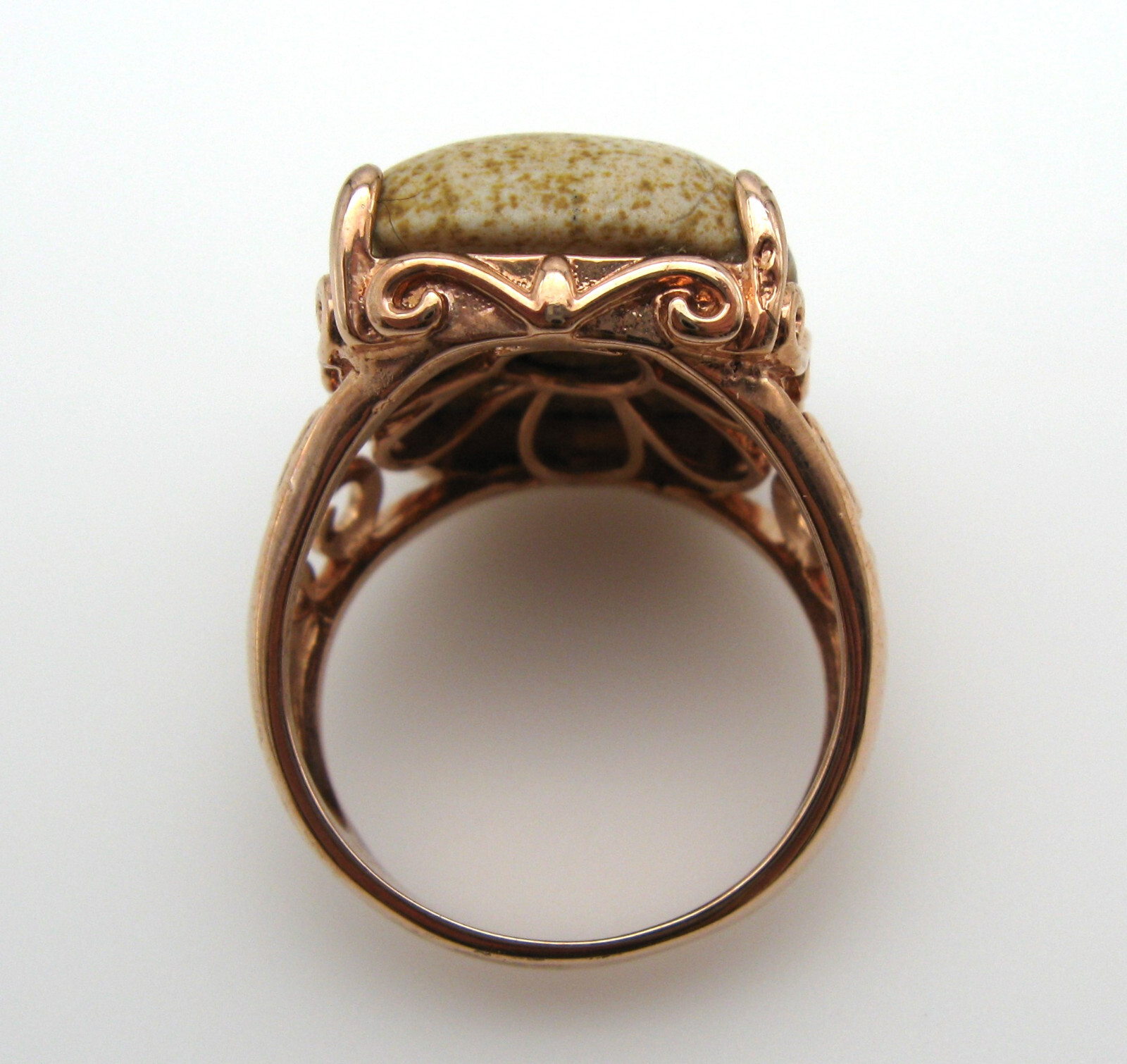Vintage Jasper Stone Filigree Rose Gold Plated Ring Signed JZ Size 8