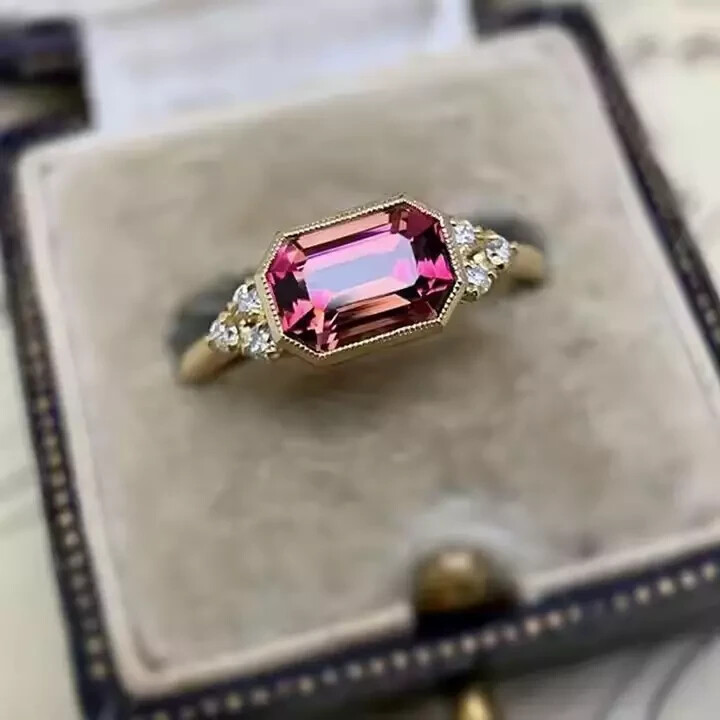 2Ct Emerald Cut Pink Tourmaline Solitaire Engagement Ring 14K Yellow Gold Finish